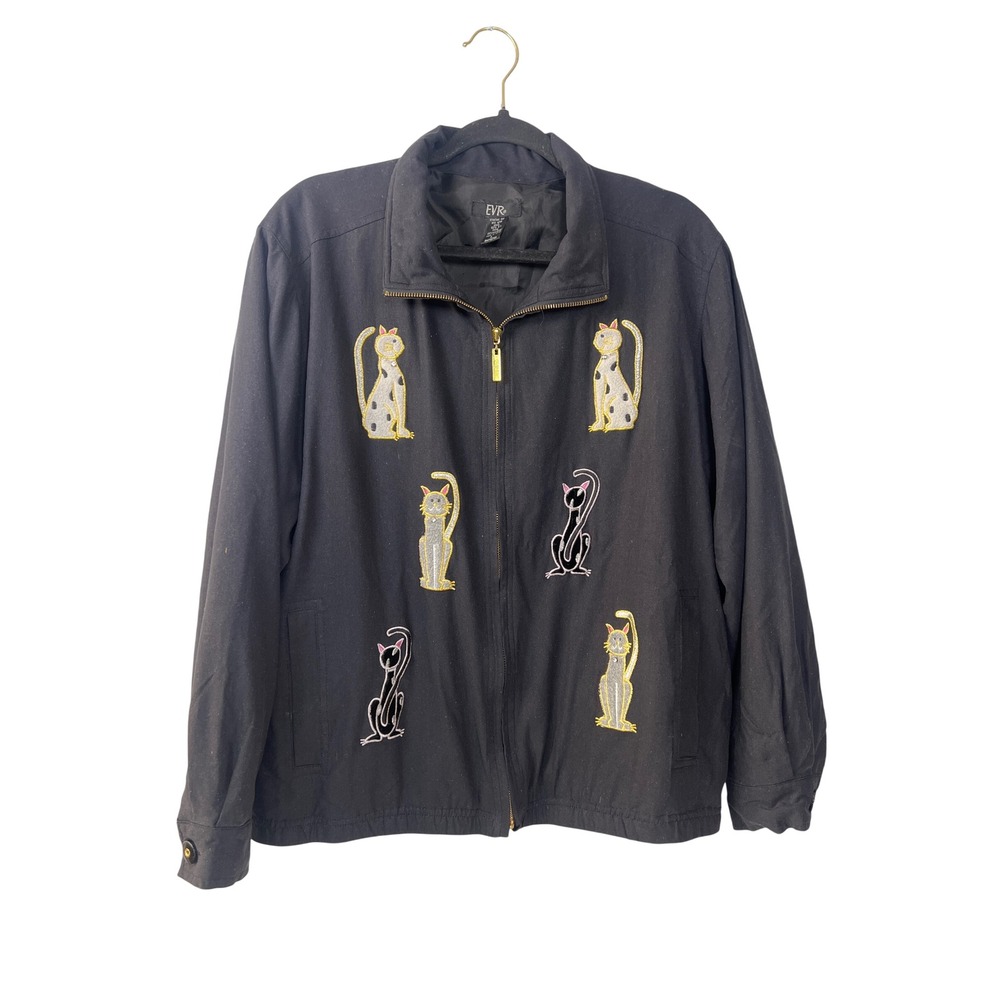 EVR Vintage 90s Black Cat Zip Up Bomber Jacket L Gorpcore Grannycore Indie Retro